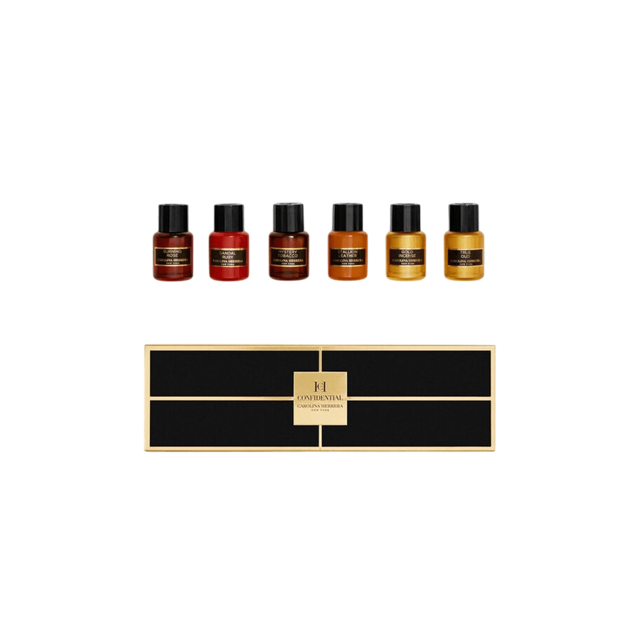 Set Carolina Herrera: Mystery Tobacco, Eau De Parfum, For Women, 5 ml + Stallion Leather, Eau De Parfum, For Women, 5 ml + Sandal Ruby, Eau De Parfum, For Women, 5 ml + Gold Incense, Eau De Parfum, For Women, 5 ml + True Oud, Eau De Parfum, For Women, 5 ml + Burning Rose, Eau De Parfum, For Women, 5 ml
