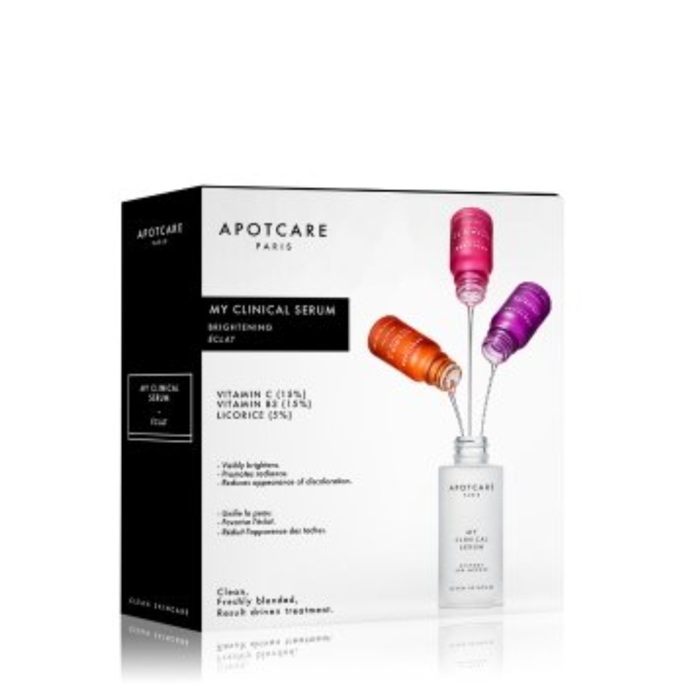 Apotcare Apotcare Моят клиничен комплект серуми Apotcare: Витамин C, витамин C, изсветляващ, серум, за лице, 10 мл + Витамин B3, витамин B3, серум против зачервяване, за лице, 10 мл + женско биле, без масла, против пъпки, дневен и нощен, серум, за лице, 10 мл