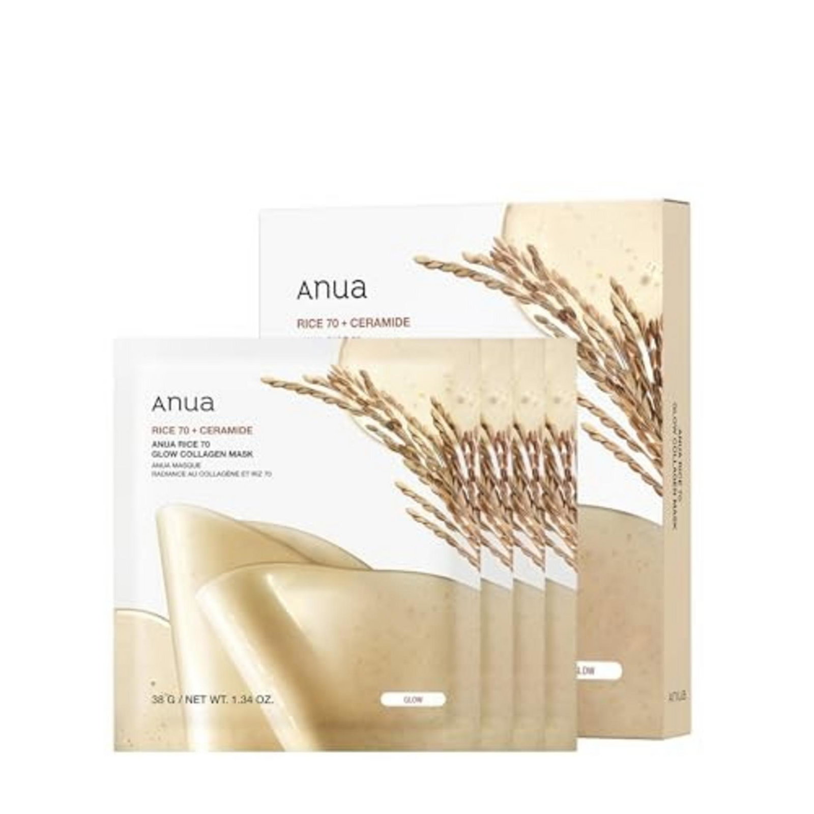 Комплект, Anua, Rice 70 Glow, Колаген, Сияние, Маска за лице, За лице, 4 бр, 38 г - Image 2