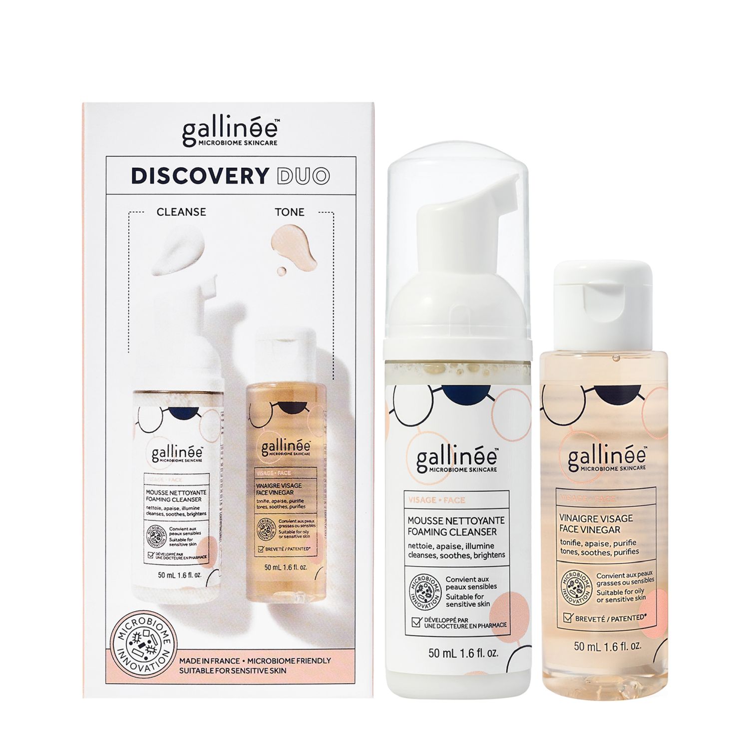 Duo Set Set Gallinee: Microbiome Skincare, Prebiotics & Postbiotics, Purifying, Cleansing Foam, 50 ml + Microbiome Skincare, Prebiotics & Postbiotics, Soothing, Lotion, For Face, 50 ml